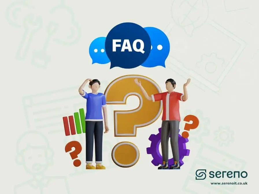 3D illustration of two figures beside a large yellow question mark and speech bubbles labelled 'FAQ'.