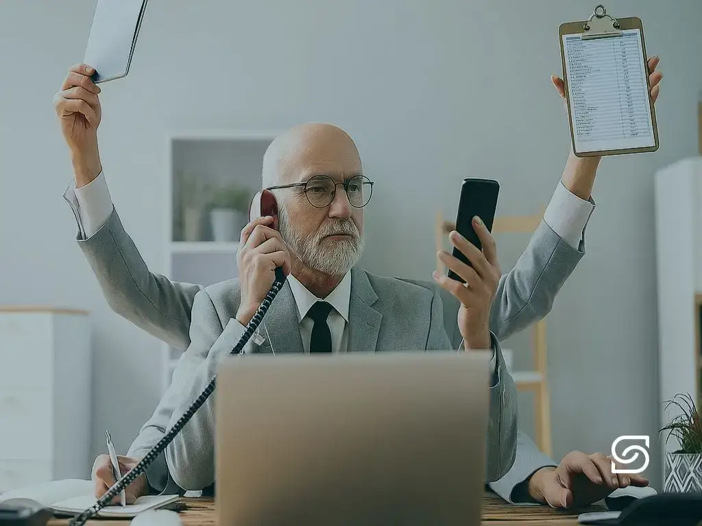Illustration of an overwhelmed businessman with multiple arms juggling a phone, clipboard, tablet and keyboard at his desk.