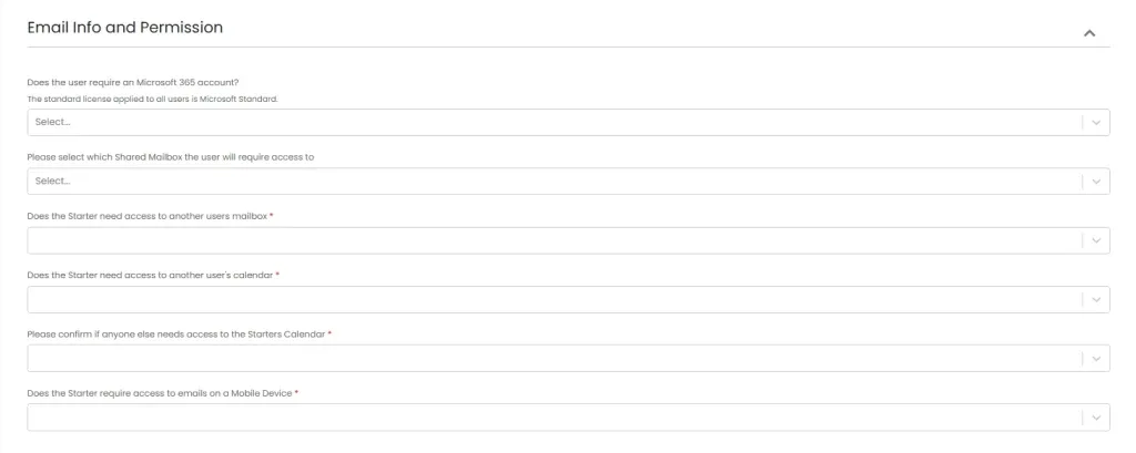 Onboarding request form, email and permissions step