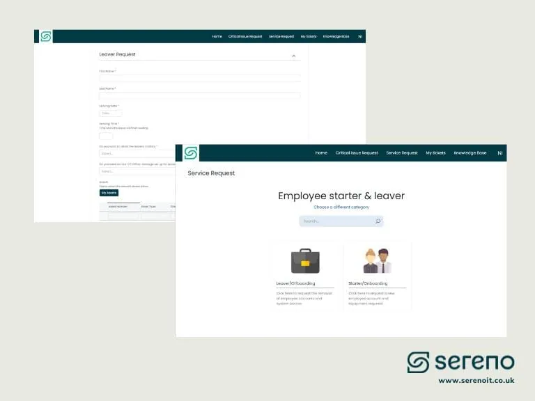 Sereno IT employee onboarding and offboarding portal interface, showcasing streamlined service request forms for starters and leavers.