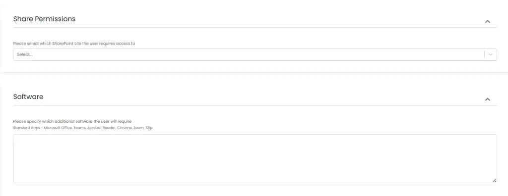 Onboarding request form, shared permissions step