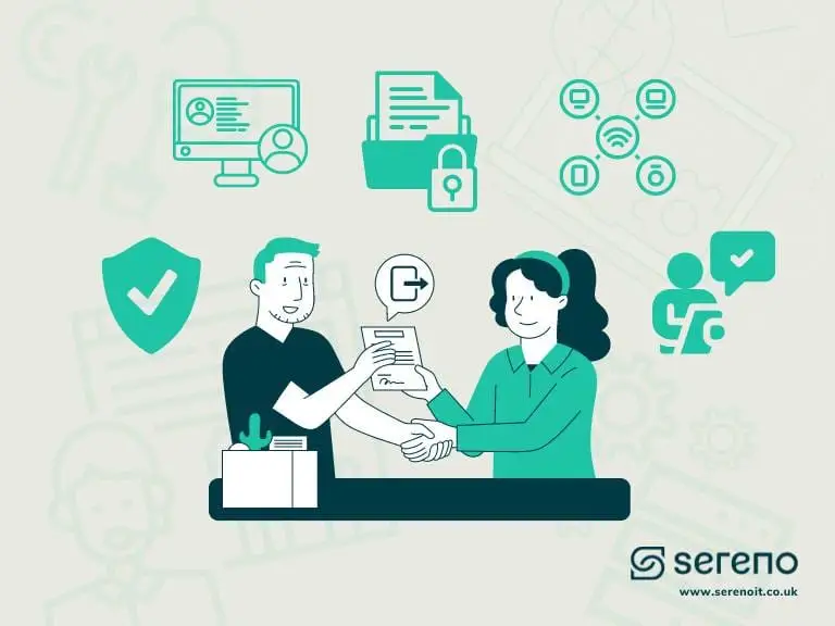 Illustration of two colleagues shaking hands over a signed document with a logout icon, framed by secure-access, locked-folder and shield icons.