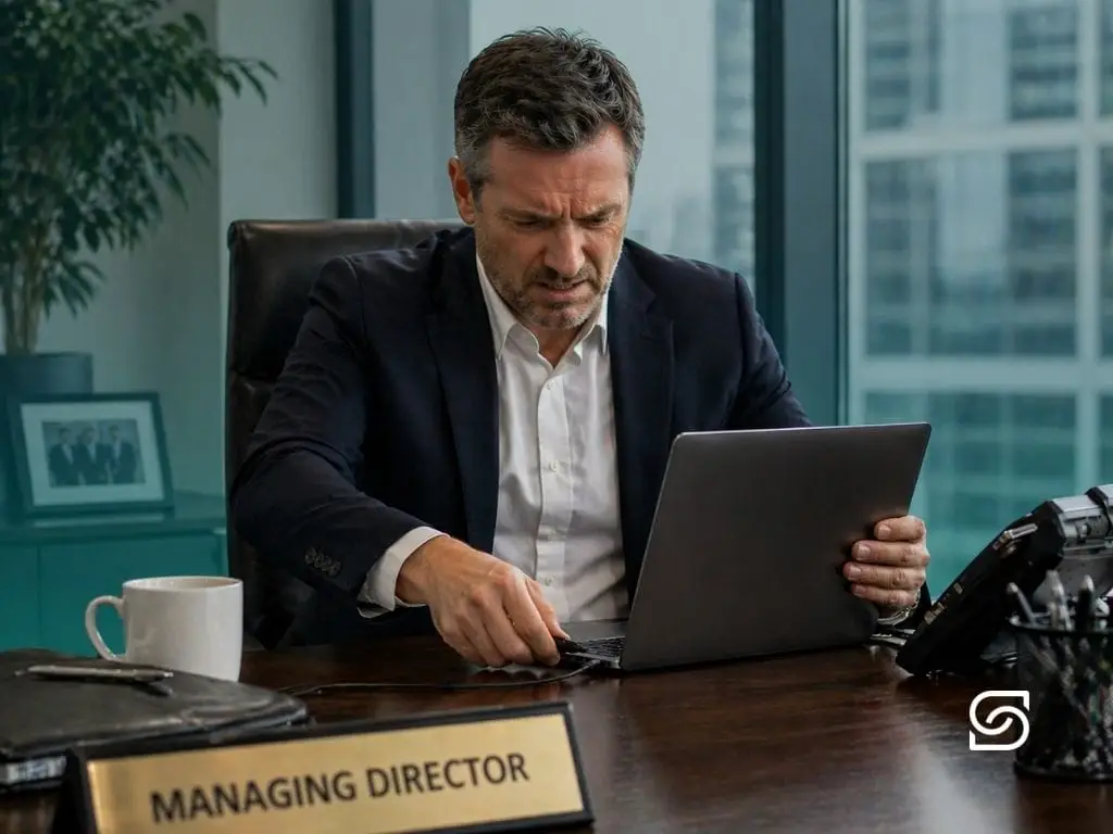 Frustrated managing director in a suit frowning at his laptop in a corner office, with a nameplate reading 'Managing Director' on the desk.