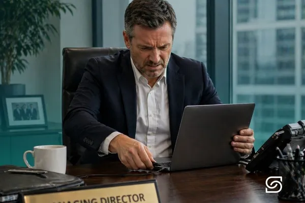 Frustrated managing director in a suit frowning at his laptop in a corner office, with a nameplate reading 'Managing Director' on the desk.