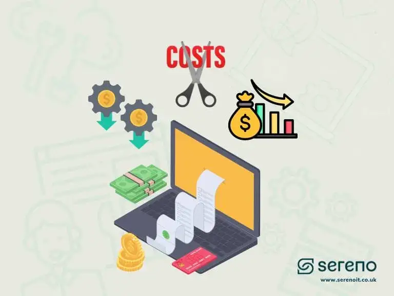 3D illustration of IT pricing elements — money stacks, a calculator, a contract, a percentage symbol and cost-cutting scissors.