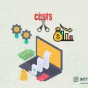 3D illustration of IT pricing elements — money stacks, a calculator, a contract, a percentage symbol and cost-cutting scissors.