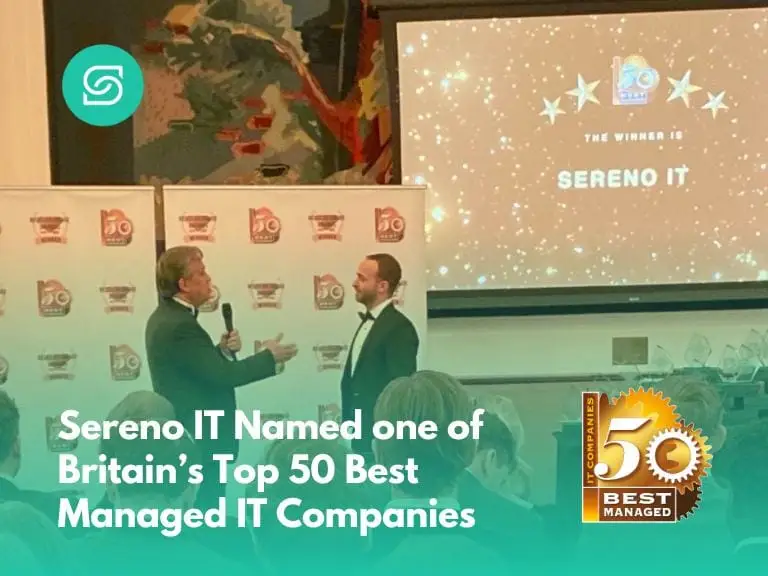 Award ceremony photo of Sereno IT receiving recognition as one of Britain's Top 50 Best Managed IT Companies.
