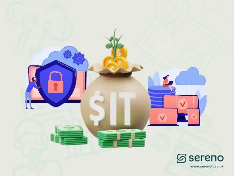 Illustration of a money bag labelled 'IT' with dollar coins and cash stacks, alongside a padlock shield, cloud gears and screens with checkmarks.