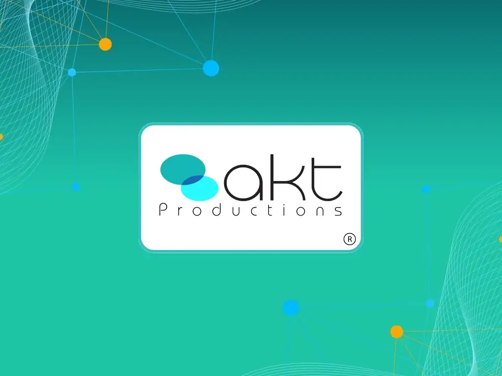 AKT Productions logo centred on a teal gradient background decorated with orange and blue connected node graphics.