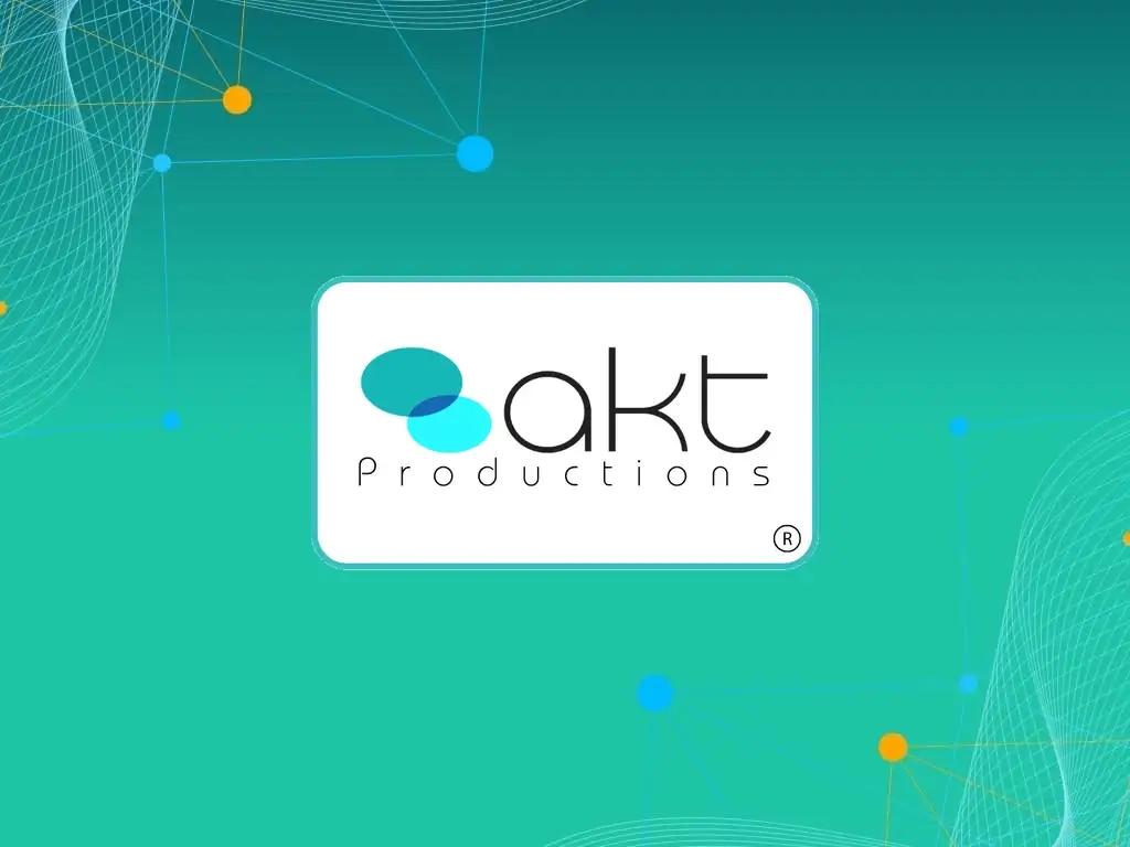 AKT Productions logo centred on a teal gradient background decorated with orange and blue connected node graphics.