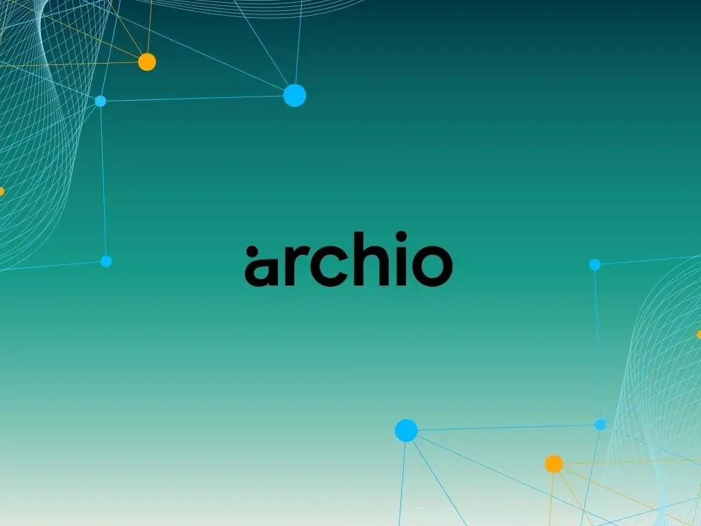 Archio wordmark logo centred on a teal gradient background decorated with orange and blue connected node graphics.