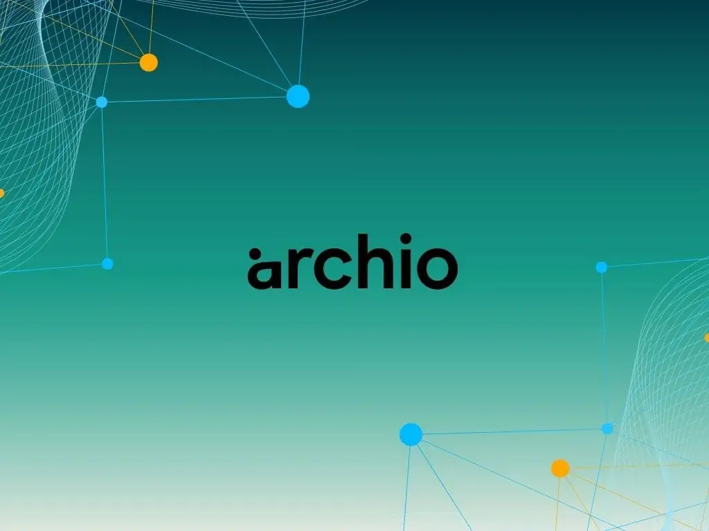 Archio wordmark logo centred on a teal gradient background decorated with orange and blue connected node graphics.