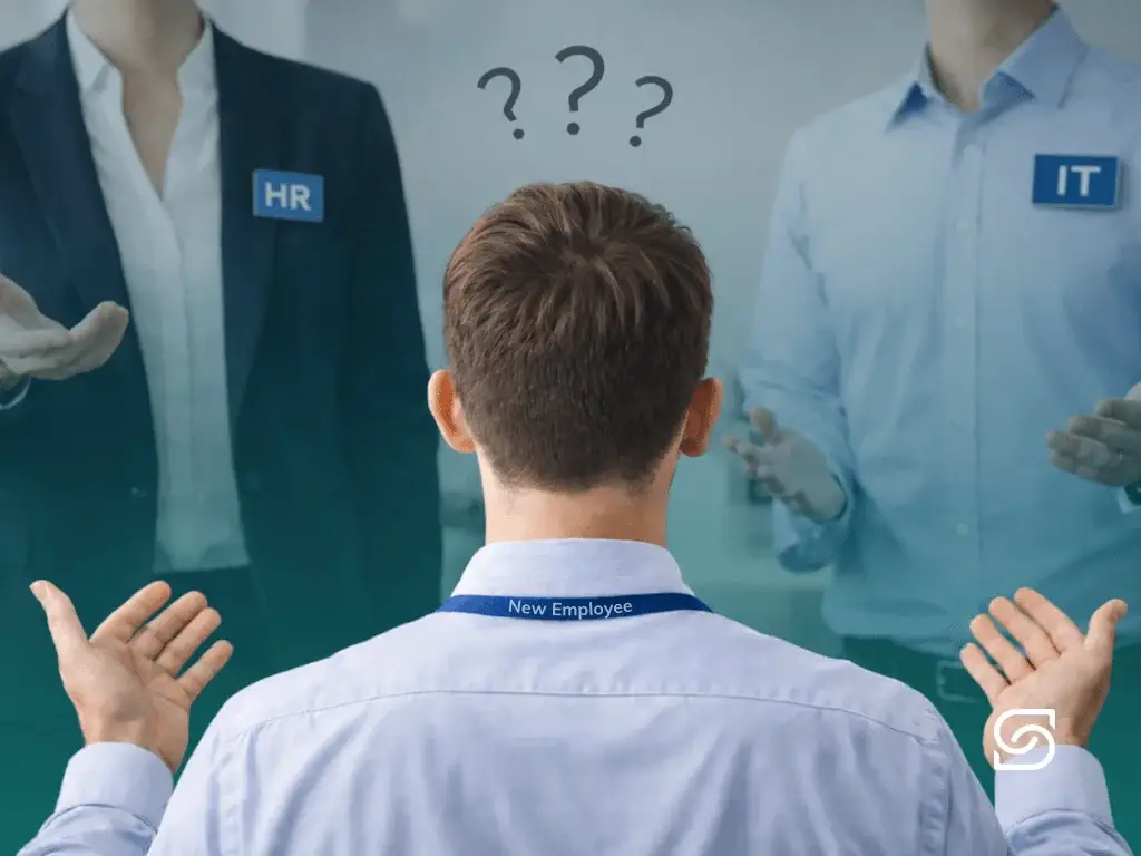 New employee facing two representatives labeled HR and IT, appearing unsure about whom to approach, with question marks above his head.
