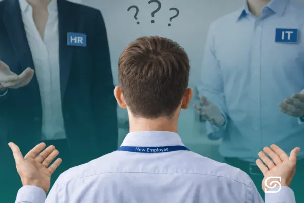 New employee facing two representatives labeled HR and IT, appearing unsure about whom to approach, with question marks above his head.