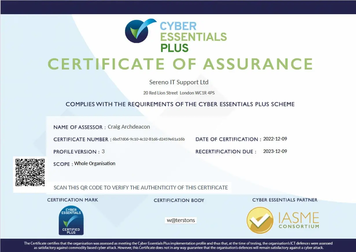 Cyber Essentials Plus Certificate of Assurance awarded to Sereno IT Support Ltd.