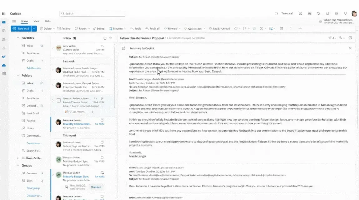 Microsoft Copilot drafting email in Outlook