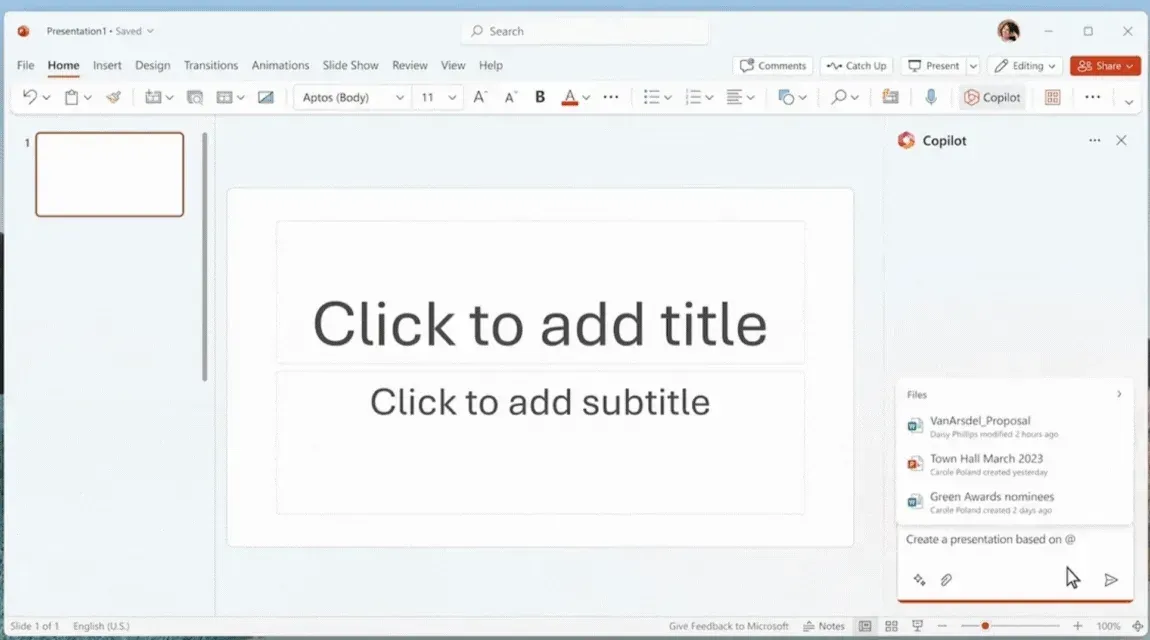 Microsoft Copilot building a deck in PowerPoint