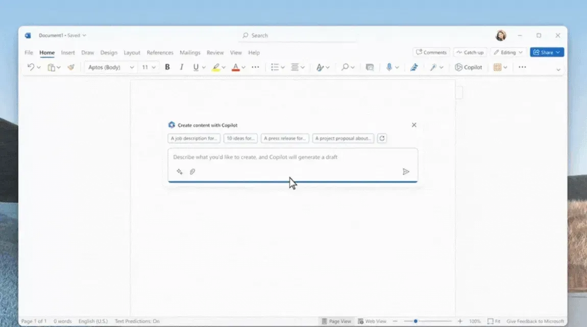 Microsoft Copilot drafting in Word