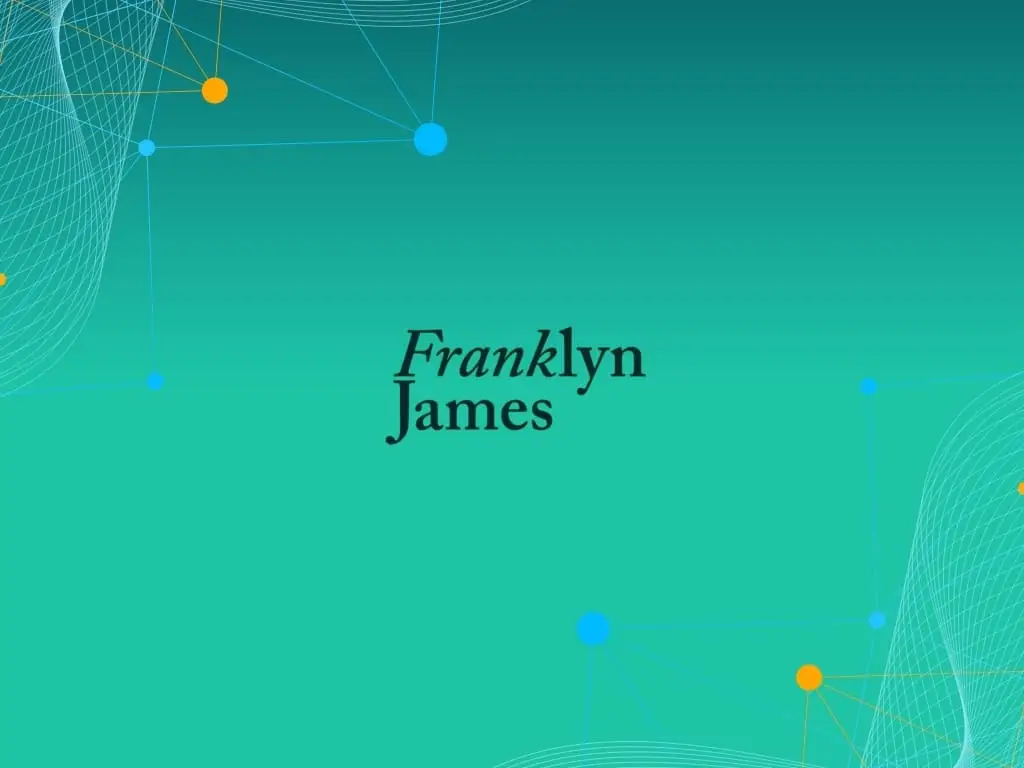 Franklyn James wordmark logo centred on a teal gradient background decorated with orange and blue connected node graphics.