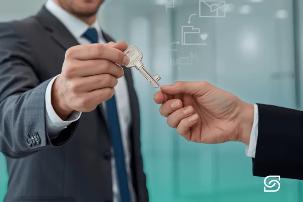 Close-up of a businessman in a grey suit handing a silver key to another person's outstretched hand, with faint email and folder icons in the background.