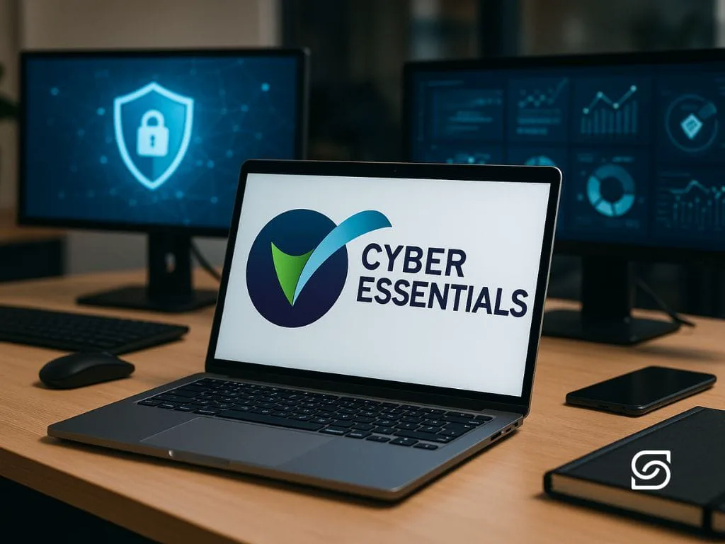 Modern office desk with laptop showing Cyber Essentials logo symbolizing IT security and compliance.