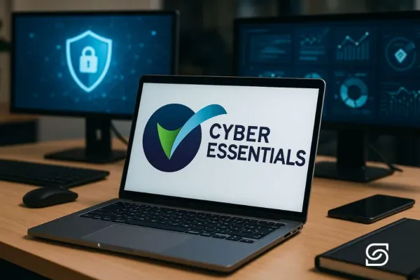 Modern office desk with laptop showing Cyber Essentials logo symbolizing IT security and compliance.