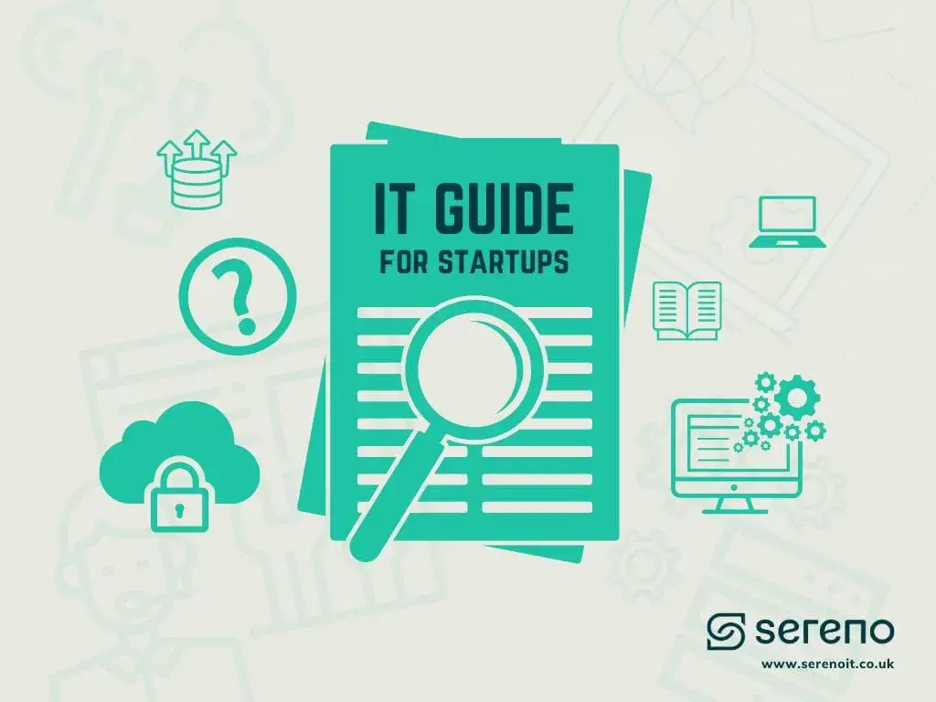 Flat illustration of a teal 'IT Guide for Startups' document under a magnifying glass, with cloud, book, laptop and question-mark icons.