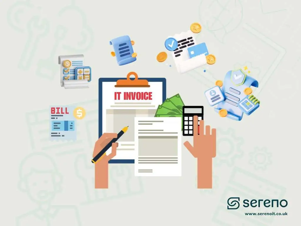 Illustration of hands with a pen and calculator over a clipboard labelled 'IT Invoice', with floating receipts, coins and card icons.