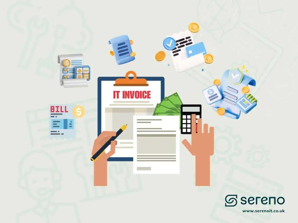 Illustration of hands with a pen and calculator over a clipboard labelled 'IT Invoice', with floating receipts, coins and card icons.