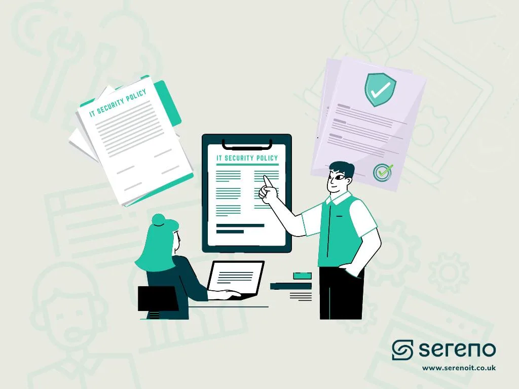 Illustration of professionals reviewing IT security policies with documents, checklists and shield icons.