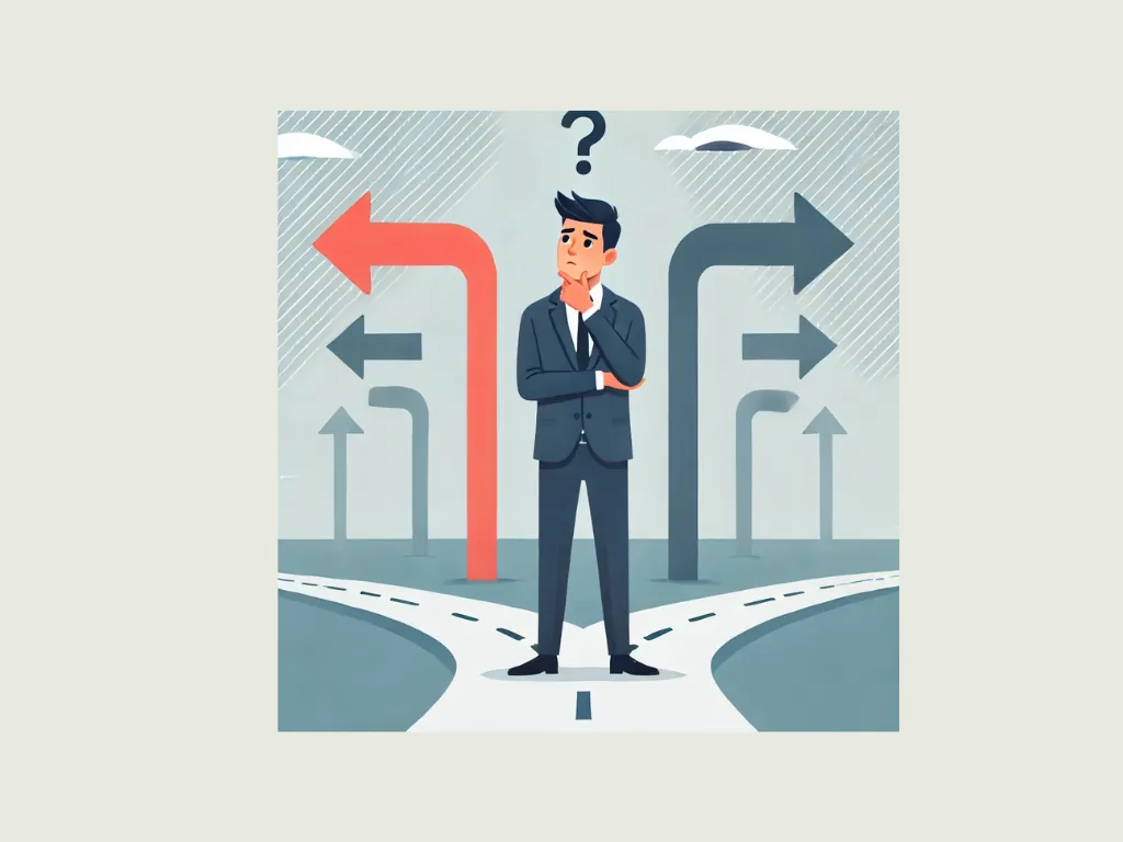 Illustration of a business owner at a fork in the road with arrows pointing in different directions, looking unsure.