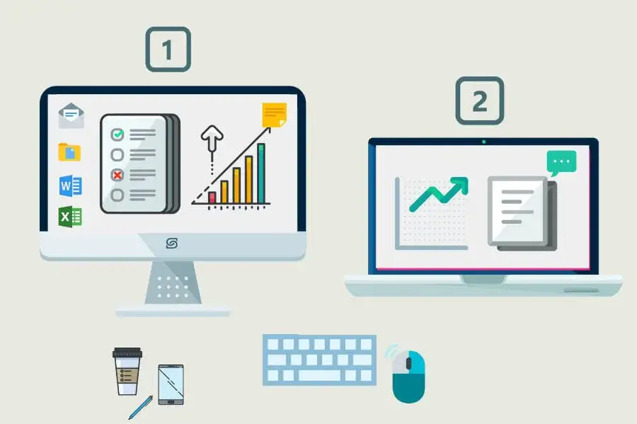 Illustration of a dual-monitor workstation showing productivity apps and charts, with a keyboard, mouse, coffee and phone below.