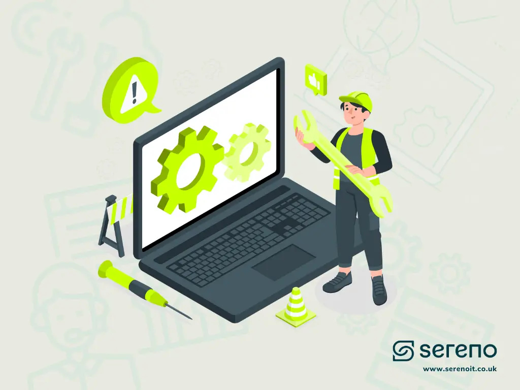 Illustration of an IT support technician in a high-vis vest and helmet holding a wrench beside a laptop showing two green gears.
