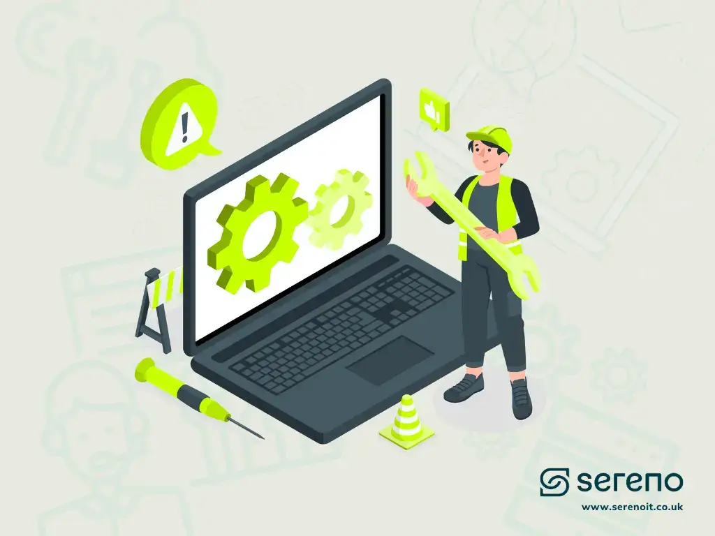 Illustration of an IT support technician in a high-vis vest and helmet holding a wrench beside a laptop showing two green gears.
