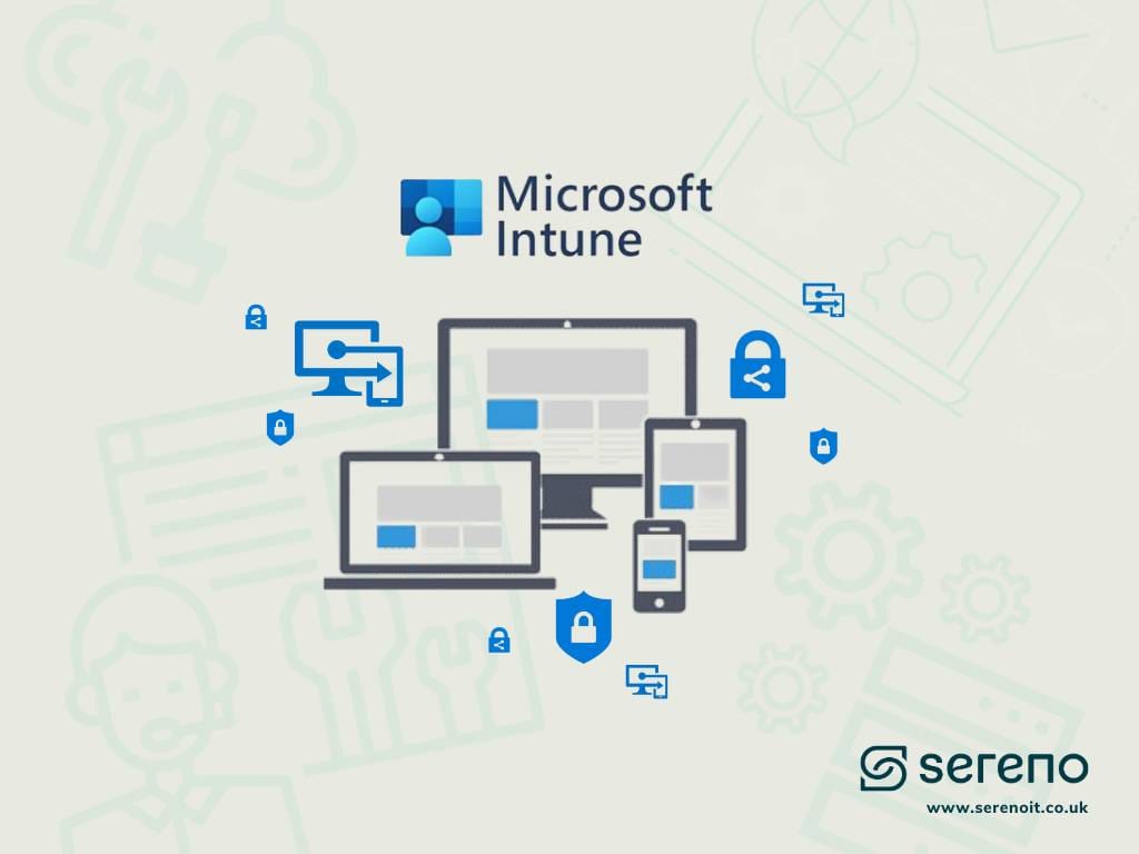 Illustration of the Microsoft Intune logo above a desktop, laptop, tablet and phone linked by padlocks and device-sync icons.
