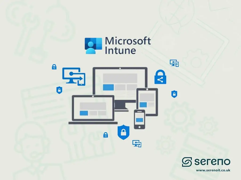 Illustration of the Microsoft Intune logo above a desktop, laptop, tablet and phone linked by padlocks and device-sync icons.