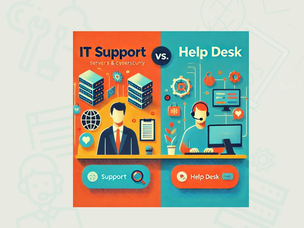 Illustration of a business professional at a forked path — one side labelled In-House IT with a gear, the other Managed IT Services with a headset.