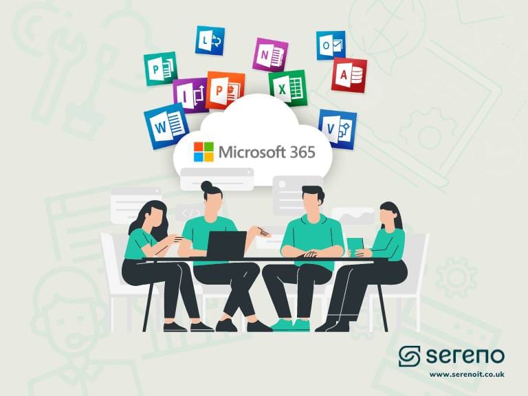 Illustration of four people meeting around a table under a Microsoft 365 cloud with Word, Excel, PowerPoint, Outlook and other app icons floating above.