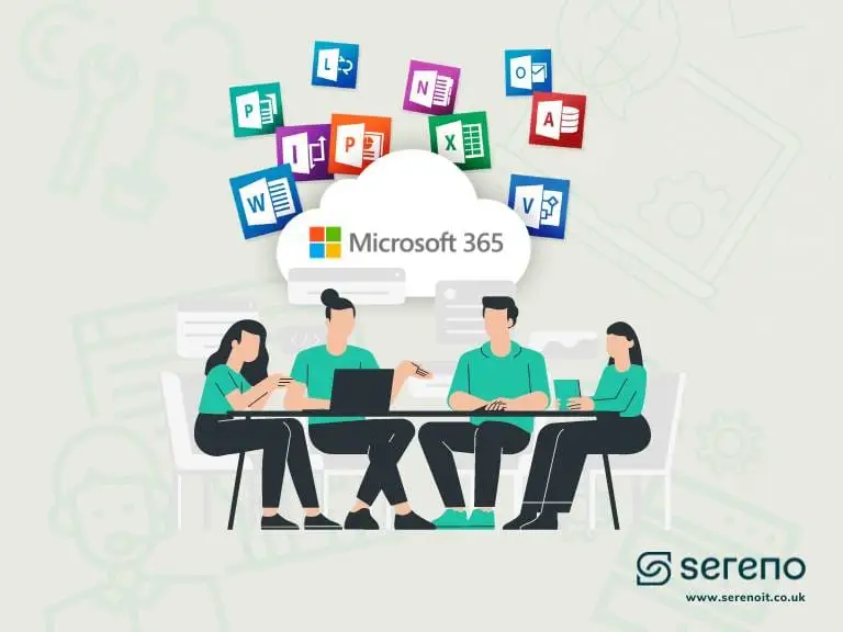 Illustration of four people meeting around a table under a Microsoft 365 cloud with Word, Excel, PowerPoint, Outlook and other app icons floating above.