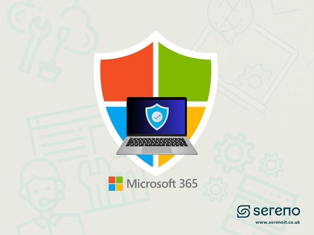 Illustration of a large multicoloured shield containing a laptop with a security checkmark, above the Microsoft 365 logo.