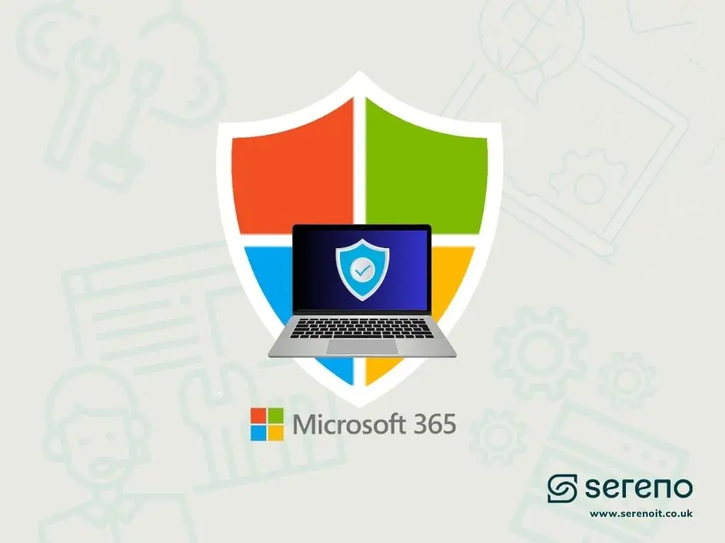 Illustration of a large multicoloured shield containing a laptop with a security checkmark, above the Microsoft 365 logo.