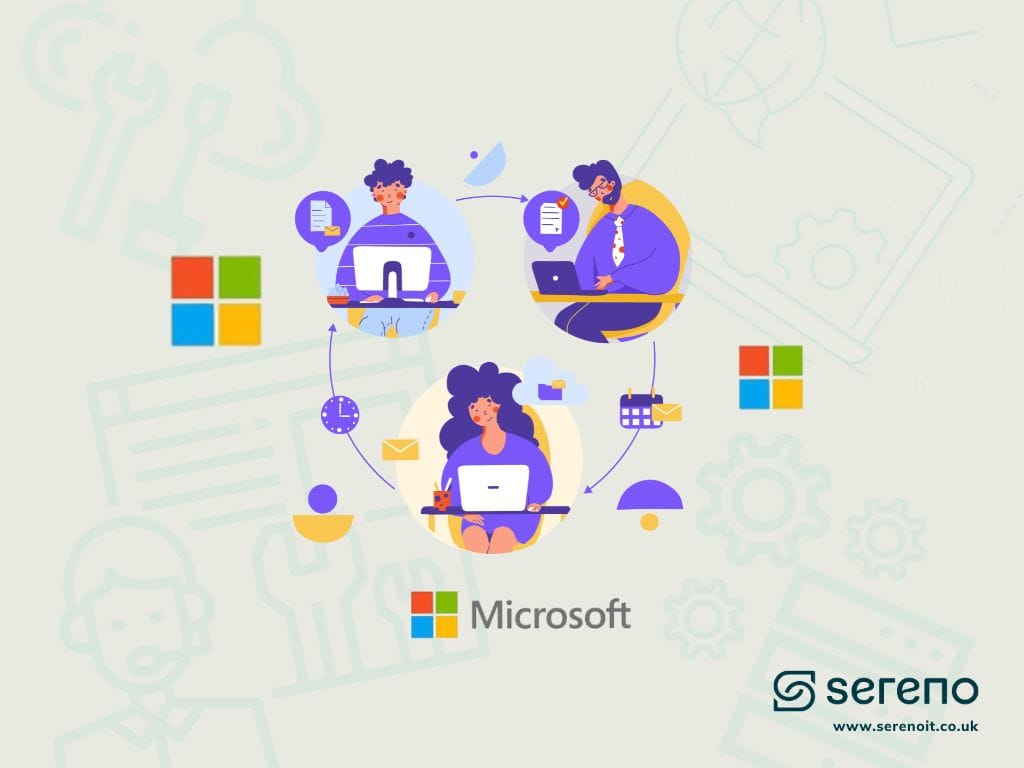Illustration of three colleagues at laptops in a circular workflow, surrounded by Microsoft logos, envelopes and document icons.