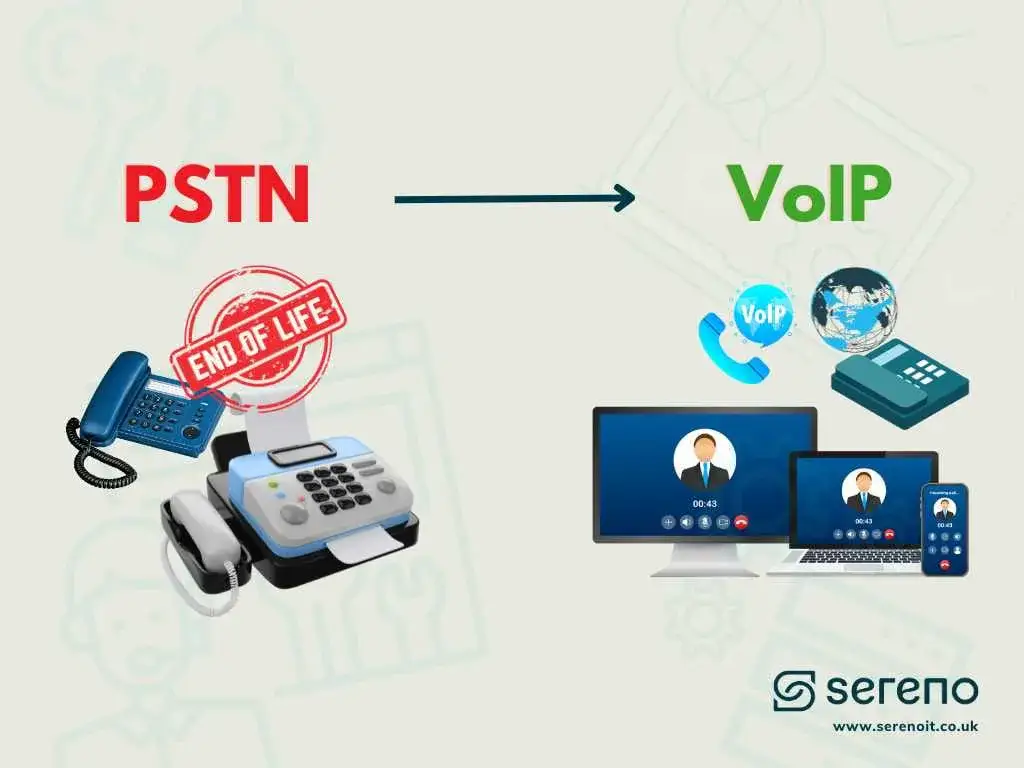 Illustration contrasting an old blue desk phone and fax stamped 'End of Life' with modern VoIP devices, a desktop, laptop and phone.