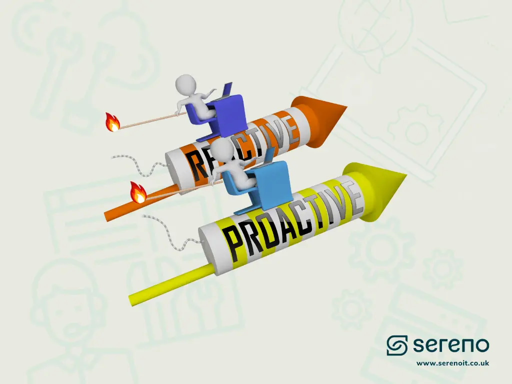 3D illustration of two figures riding rockets labelled 'Reactive' and 'Proactive'.