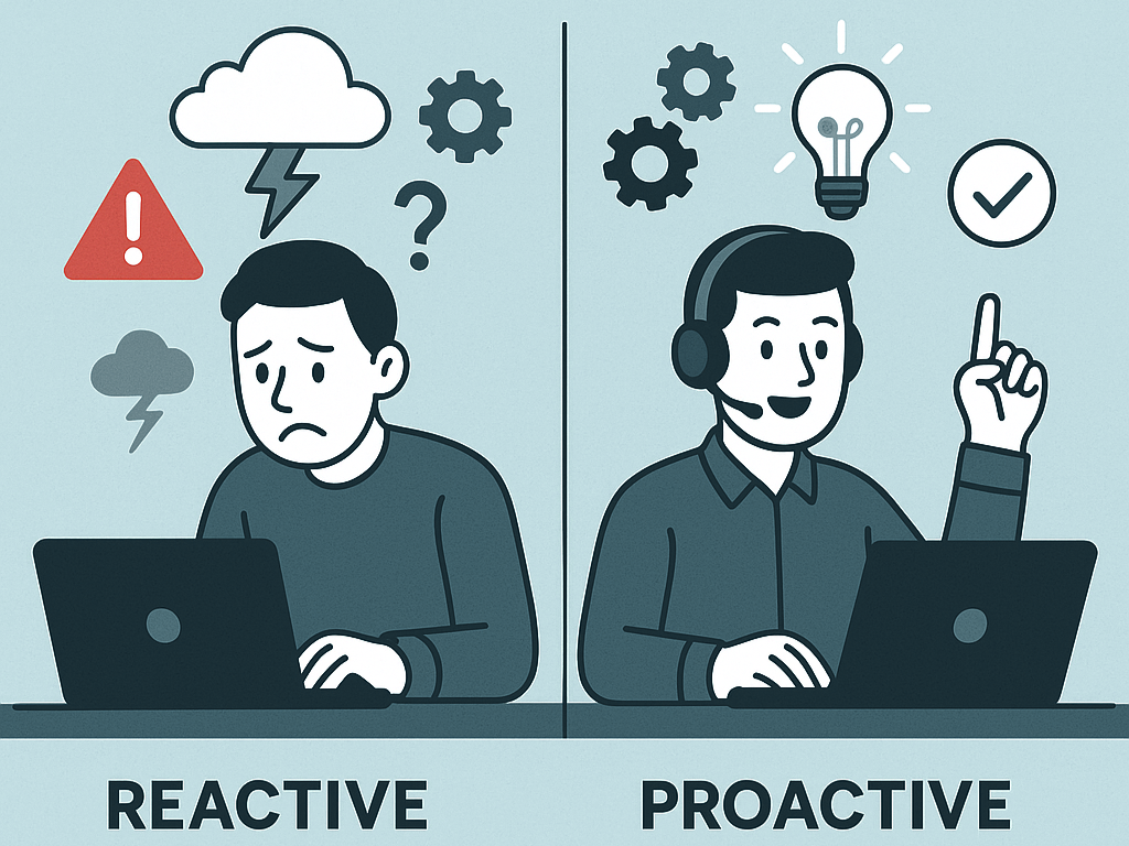 Split illustration: a worried technician facing warning signs on the left, a confident technician with a headset on the right.
