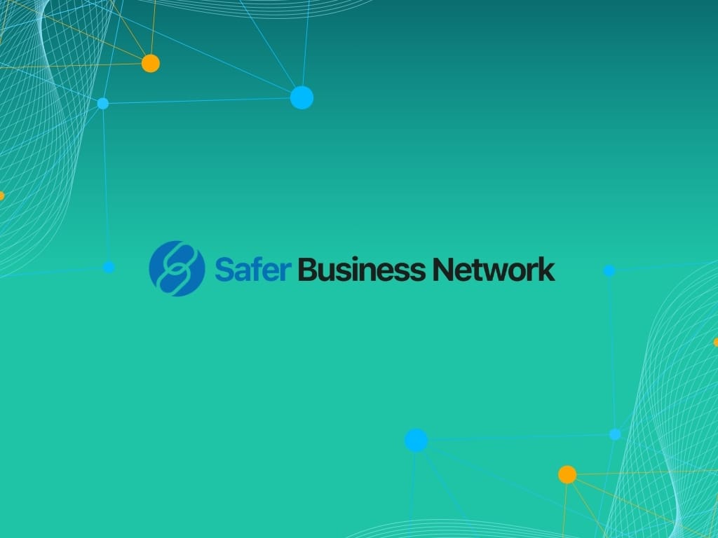 Safer Business Network logo on a teal gradient background with orange and blue connected node graphics in the corners.