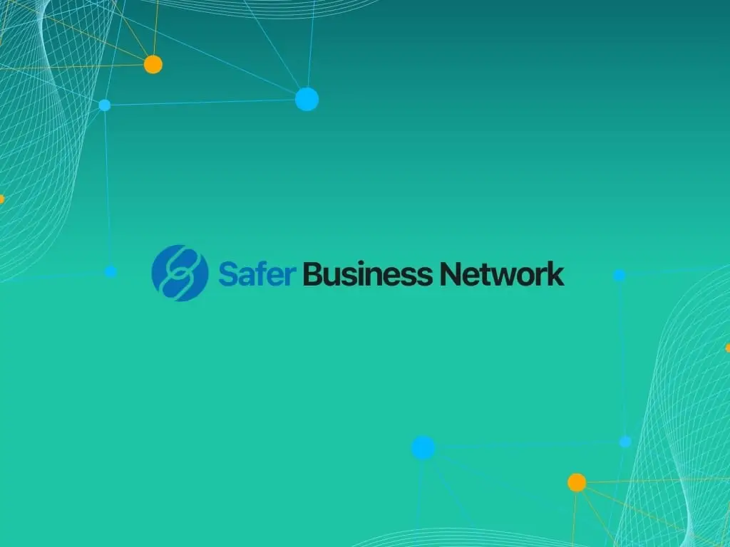 Safer Business Network logo on a teal gradient background with orange and blue connected node graphics in the corners.