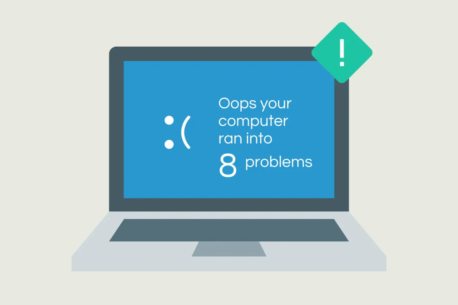 Illustration of a laptop showing a blue-screen error reading 'Oops your computer ran into 8 problems'.