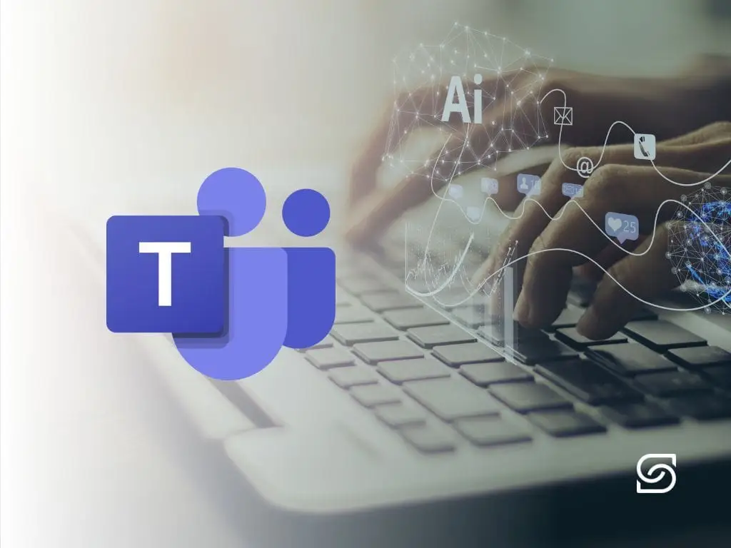 Microsoft Teams logo over image of person typing on laptop with AI and digital communication icons representing collaboration tools.