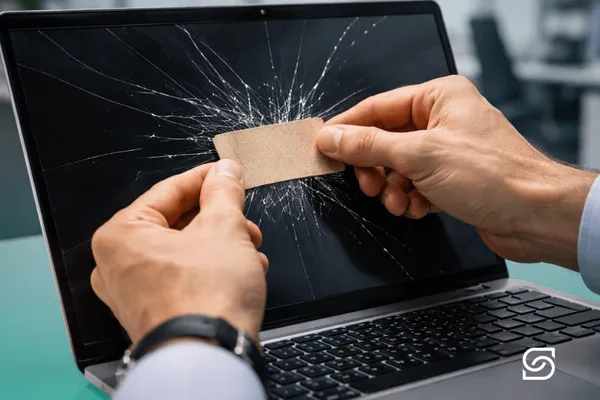 Close-up photo of two hands applying a small piece of cardboard as a plaster over a badly cracked laptop screen in an office.